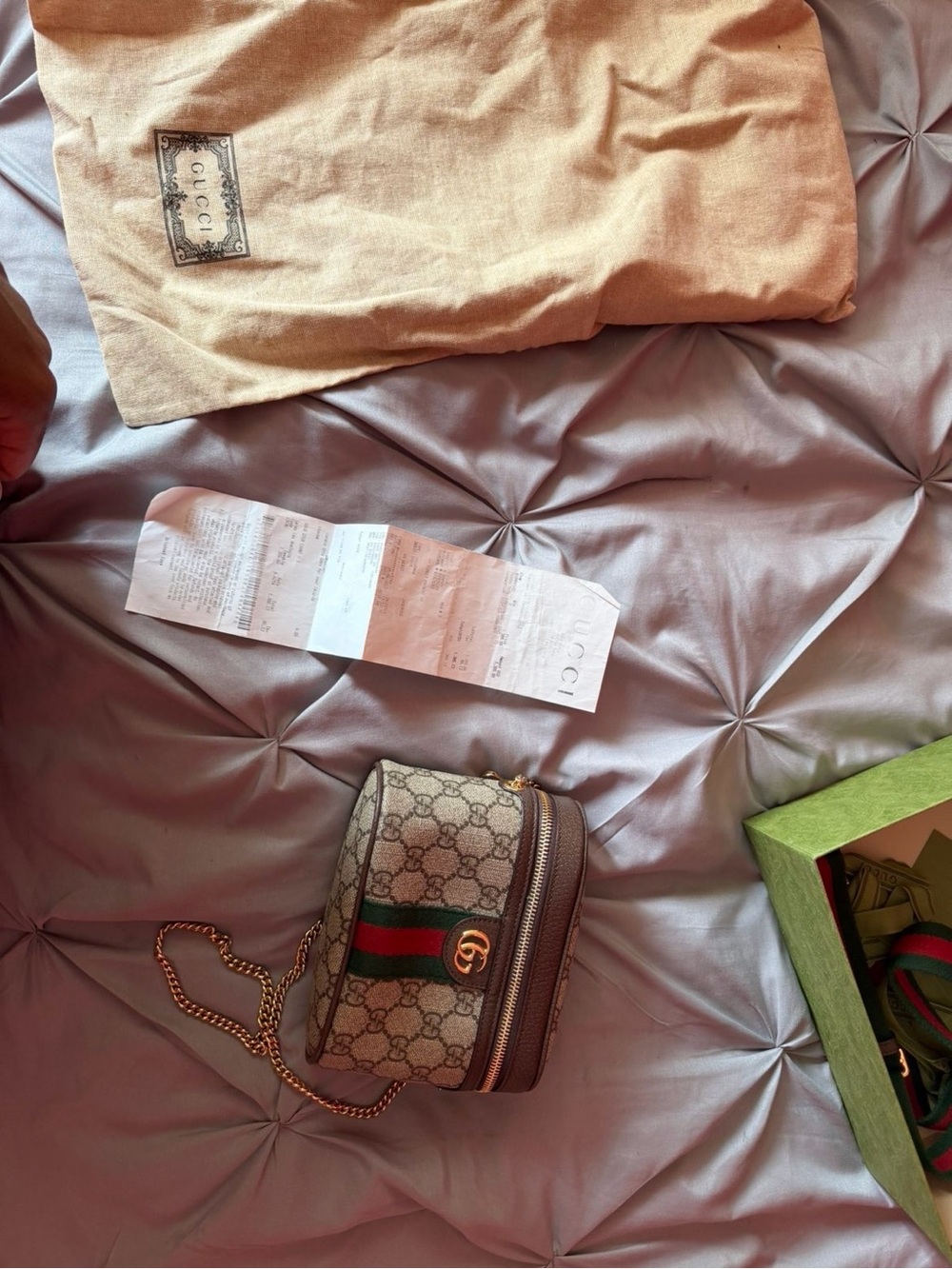 Gucci Beige Brown GG Supreme Mini Crossbody with Green-Red Web